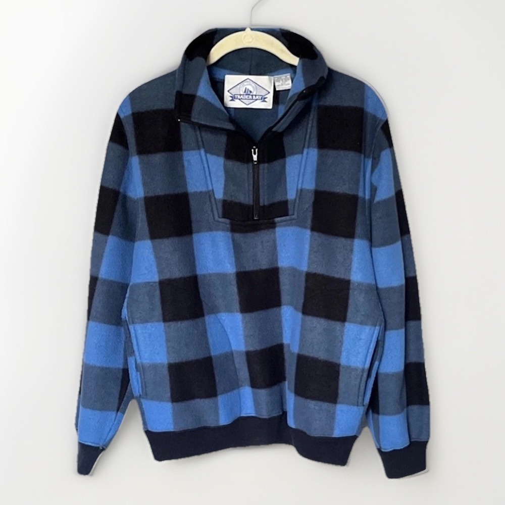 VTG 90s Sears Trader Bay 1/4 Zip Fleece Blue Buffalo Plaid Fleece Pullover S Y2K